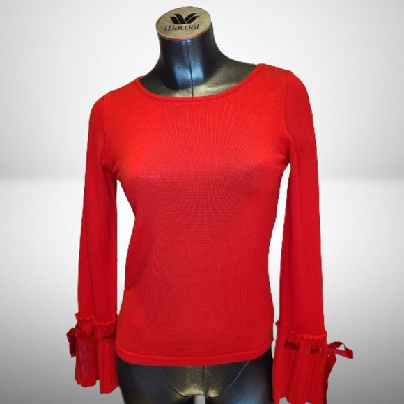 VALENTINO GARAVANI STUNNING BRIGHT RED SWEATER WITH BELL PLEATED SLEEVES - Picture 2 of 16